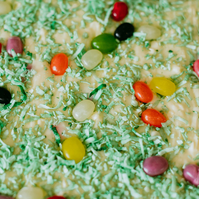 square version of a closeup on a slab of easter basket fudge