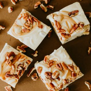 chewy praline fudge with nuts and caramel in it