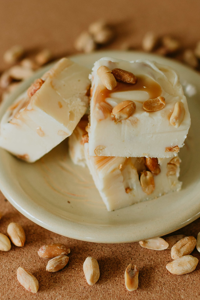 plate of squares of salt nut roll fudge