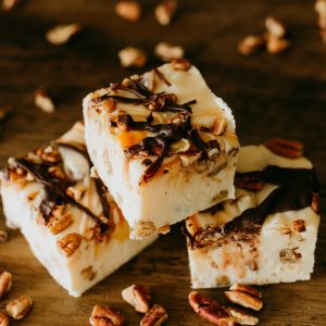 square version of closeup on turtle cheesecake fudge