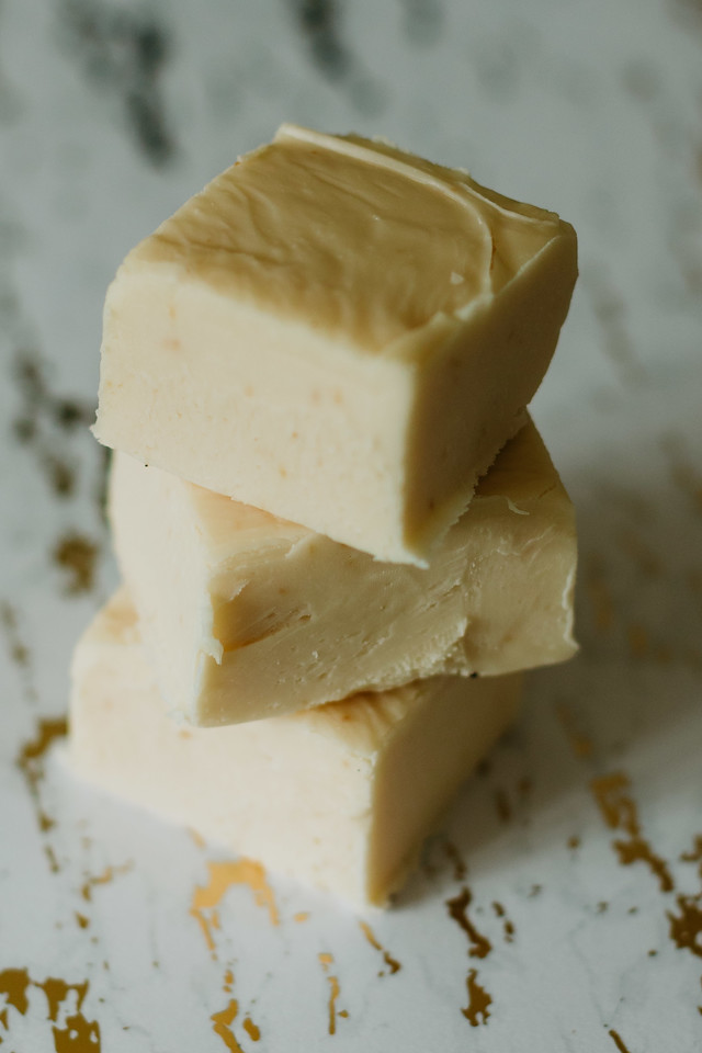 vanilla fudge stacked high on a marble counter